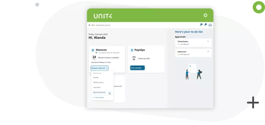 Screenshot showing how to plan and request absences in Unit4 HCM