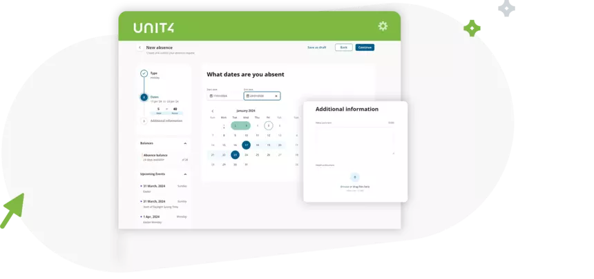 Screenshot, der zeigt, wie Sie mit Unit4 HCM arbeitsfreie und Urlaubstage im Blick behalten