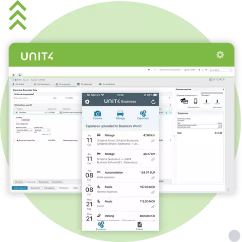 Screenshot showing the Time and expenses capabilities of project management with Unit4 ERP