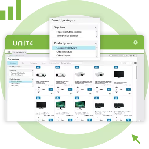 Screenshot showing the purchasing capabilities of procurement management with Unit4 ERP