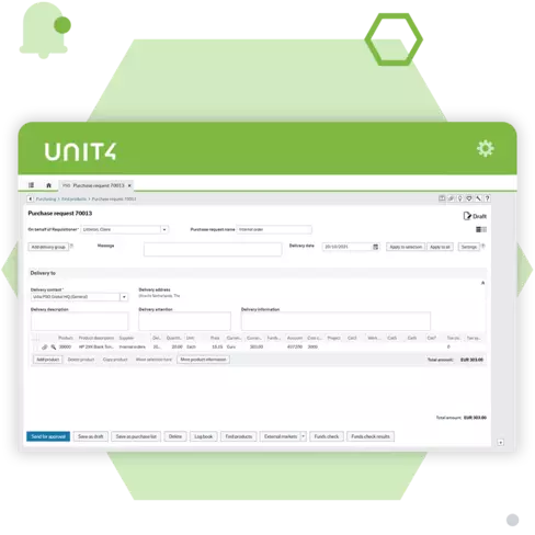 Screenshot showing the internal order processing capabilities of procurement management with Unit4 ERP