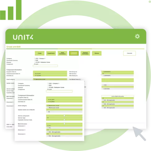 Screenshot, der die für den IFRS-16-Berichtsstandard relevanten Funktionen von Unit4 FP&A zeigt