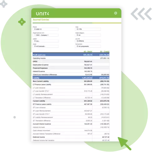 Screenshot, der die für den IFRS-16-Berichtsstandard relevanten Funktionen von Unit4 FP&A zeigt